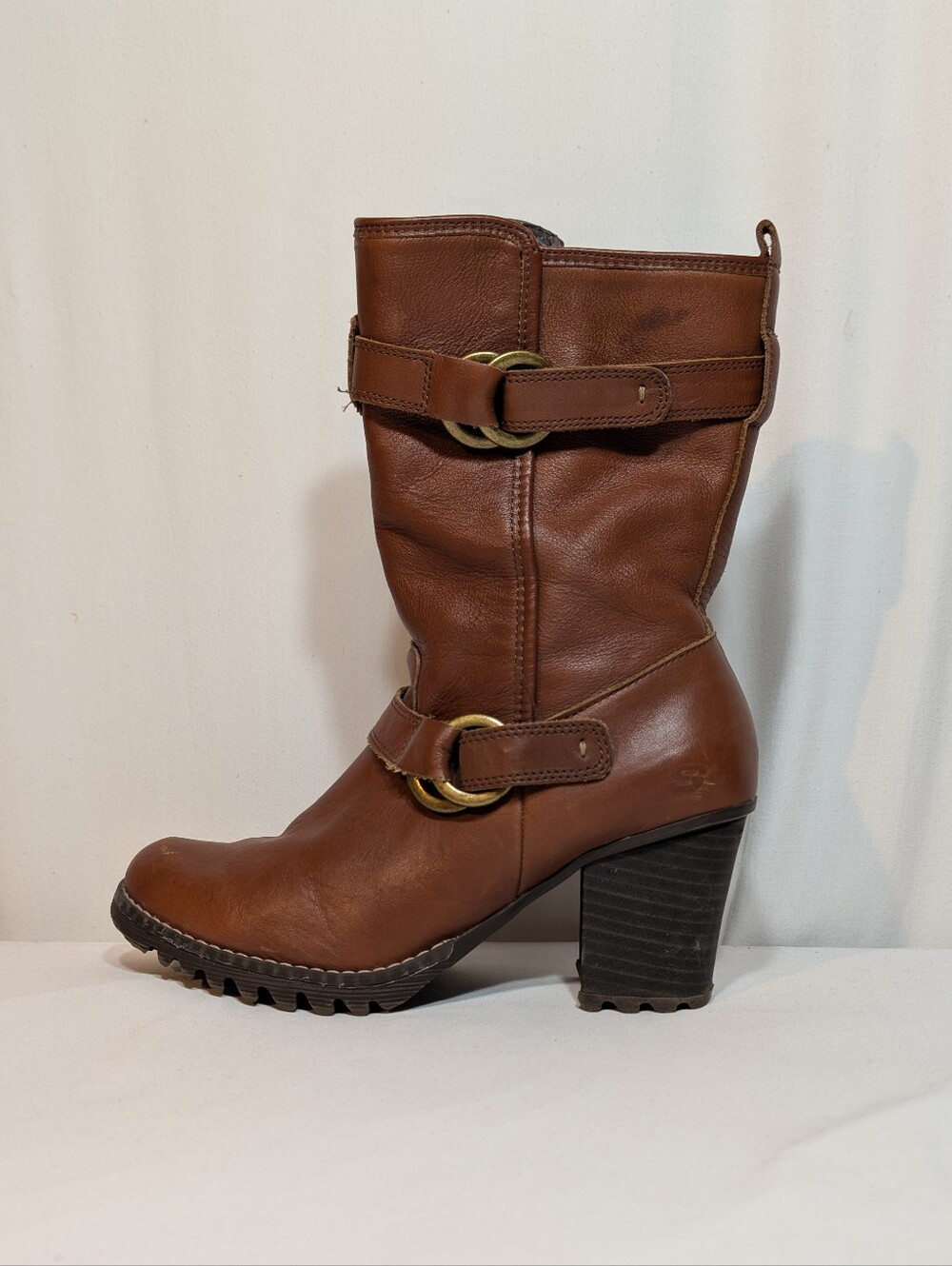 Skechers Leather Mid Calf Boots Brown 9.5 Vintage Y2K Zip Belt Buckle Heels